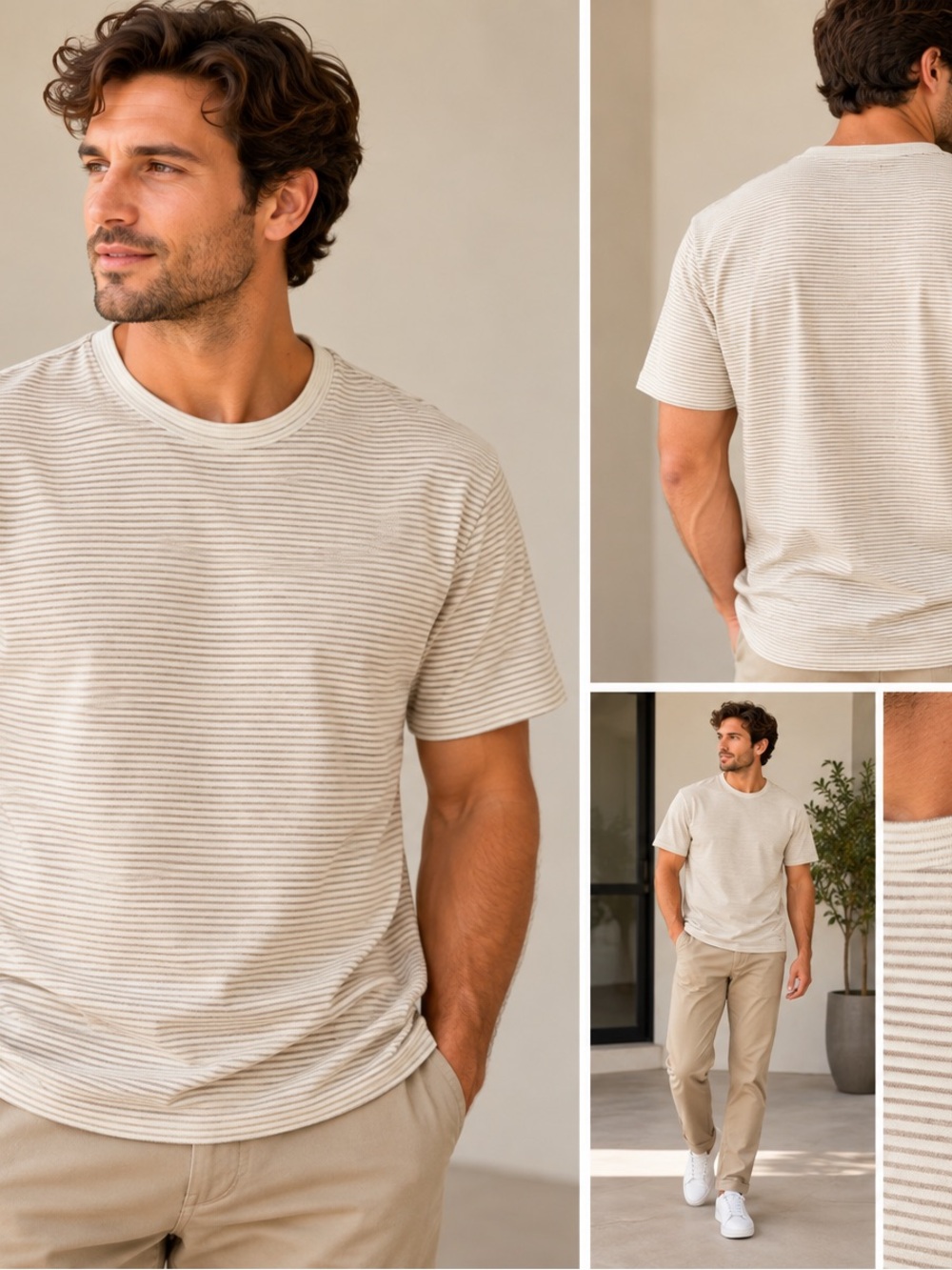 Lands’ End Men’s Medium Cream Light Brown Micro Stripe Short Sleeve T-Shirt